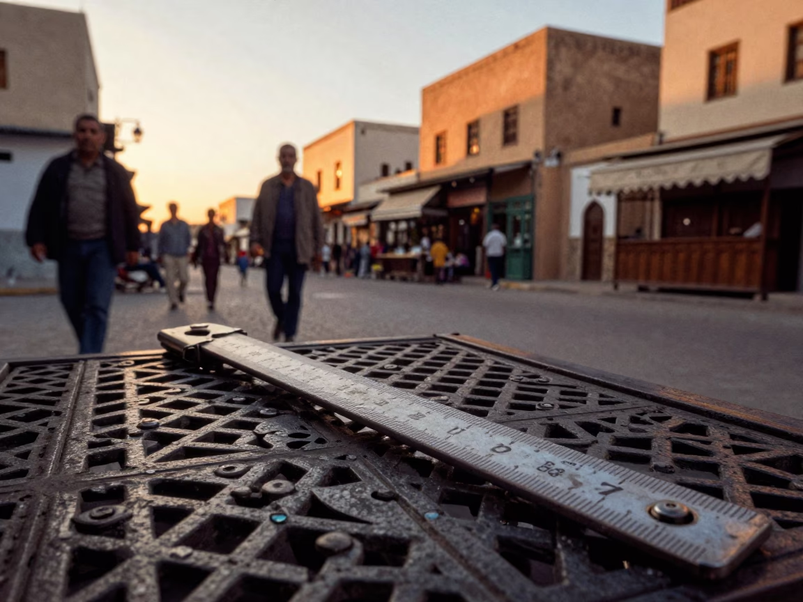 Vintage 1980s Casablanca Street Scene with Folding Ruler and Candlestick at Sunset in in Casablanca, Morocco