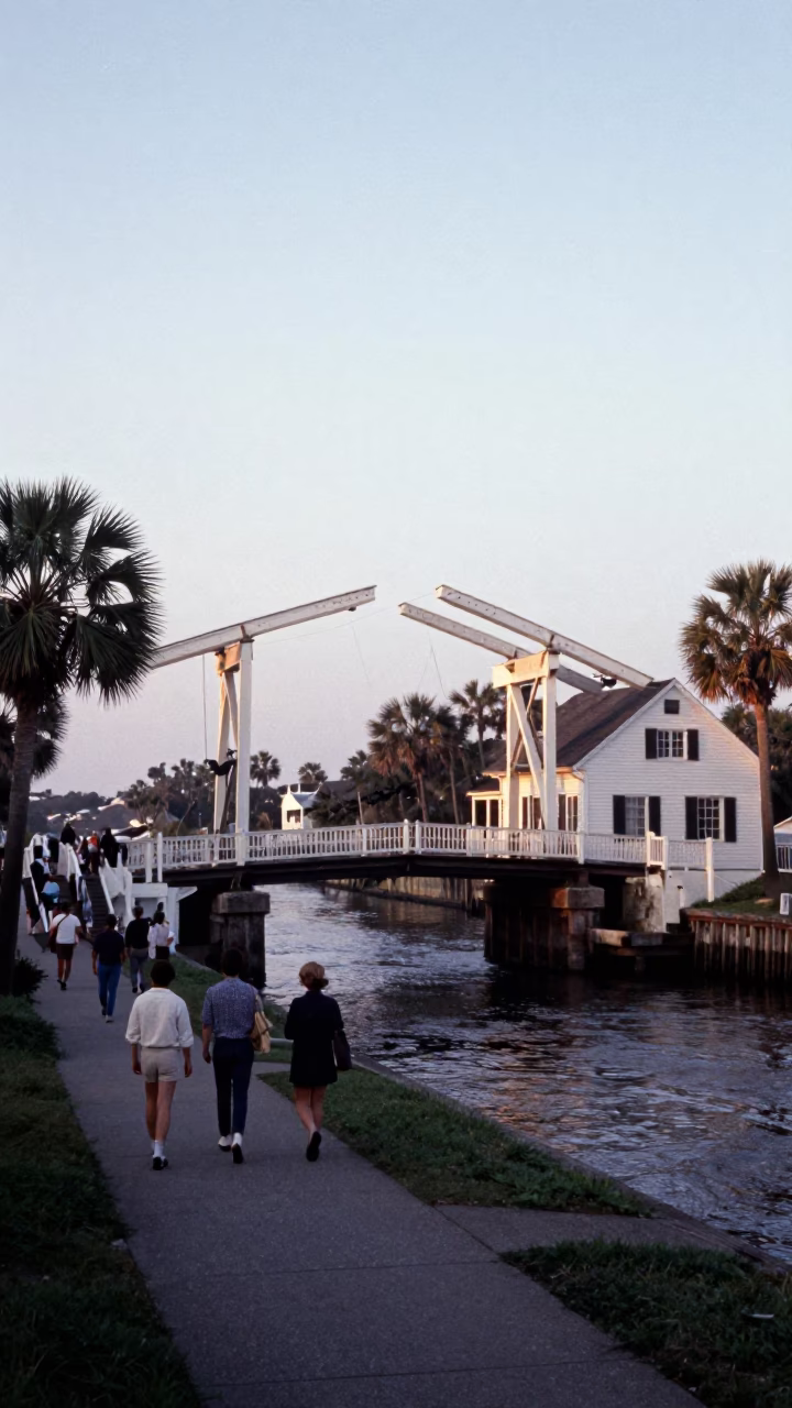 Vintage 1980s Charleston Street Scene with Drawbridge and Tidal Channel at Dawn in in Charleston, South Carolina, United States