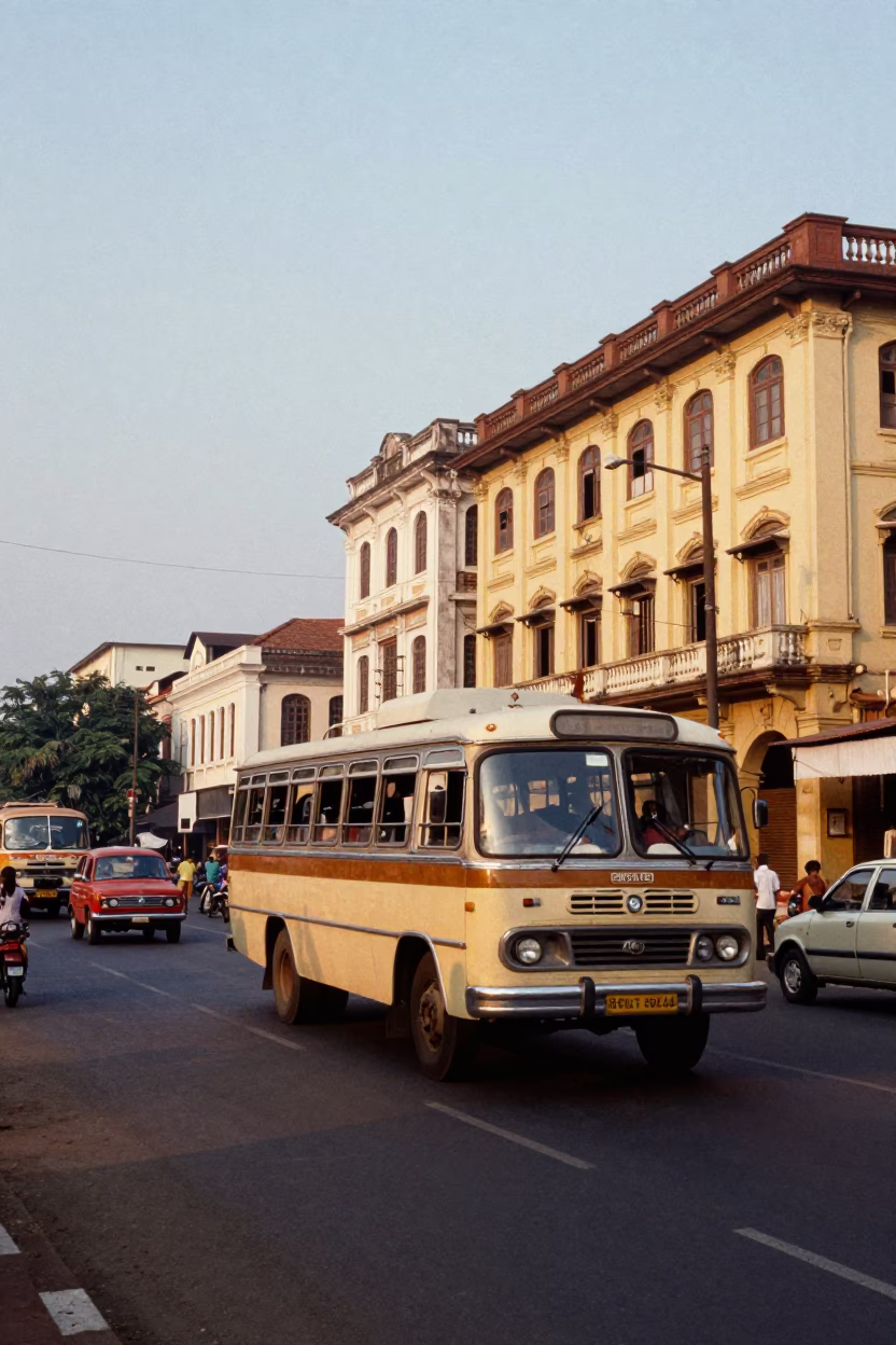 Vintage 1980s Chennai Evening Street Scene with Classic Bus and Local Life in in Chennai, India