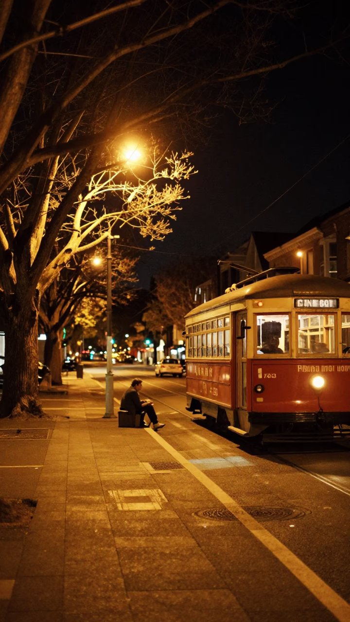Vintage 1980s Christchurch Night Scene with Old Trolley and Streetlights in in Christchurch, New Zealand