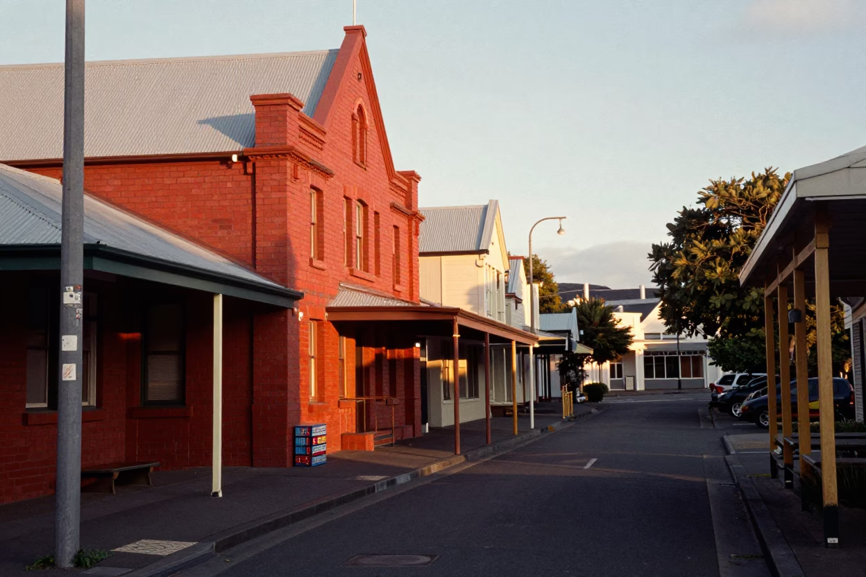 Vintage 1980s Christchurch Street Scene with Shoebox and Wooden Ladder at Dawn in in Christchurch, New Zealand