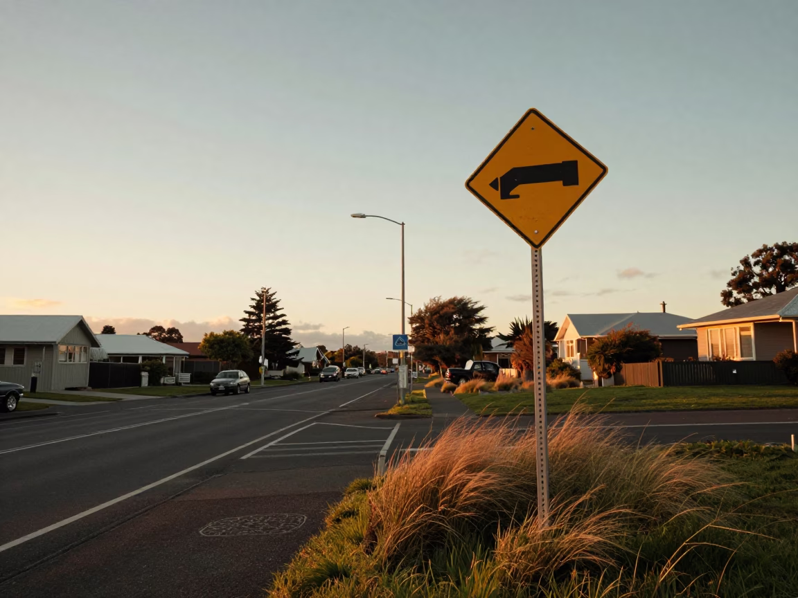 Vintage 1980s Christchurch Sunset Scene with Pipeline Sign and Local Life in in Christchurch, New Zealand