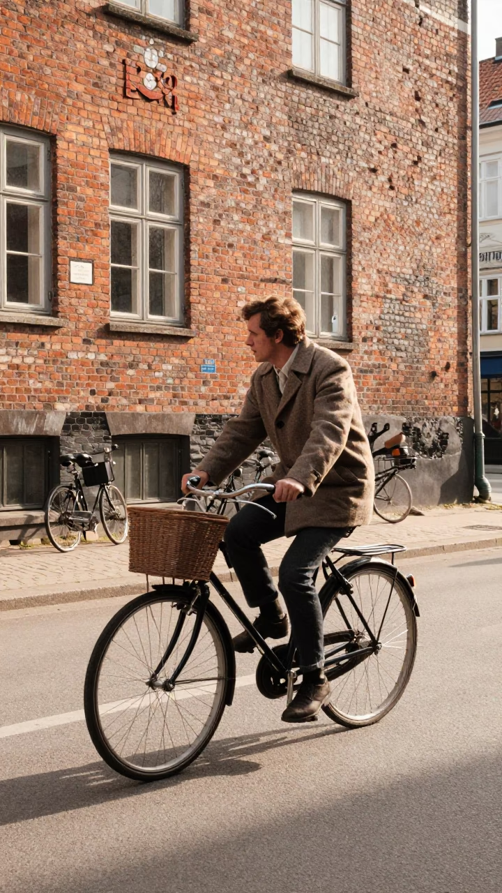 Vintage 1980s Copenhagen Street Scene with Bicycle and Brick Architecture in in Copenhagen, Denmark