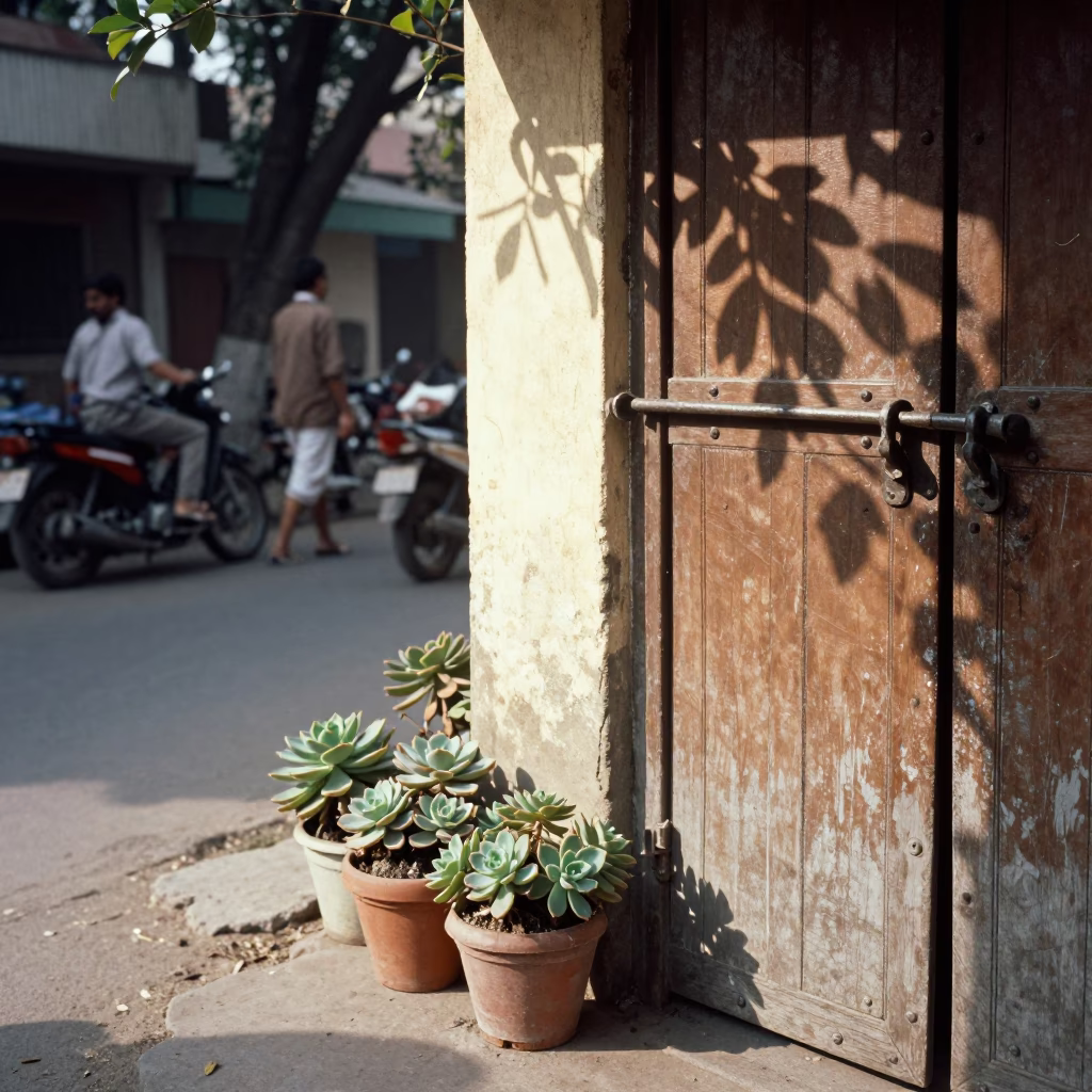 Vintage 1980s Delhi Street Scene with Potted Succulents and University Bookshelf in in Delhi, India