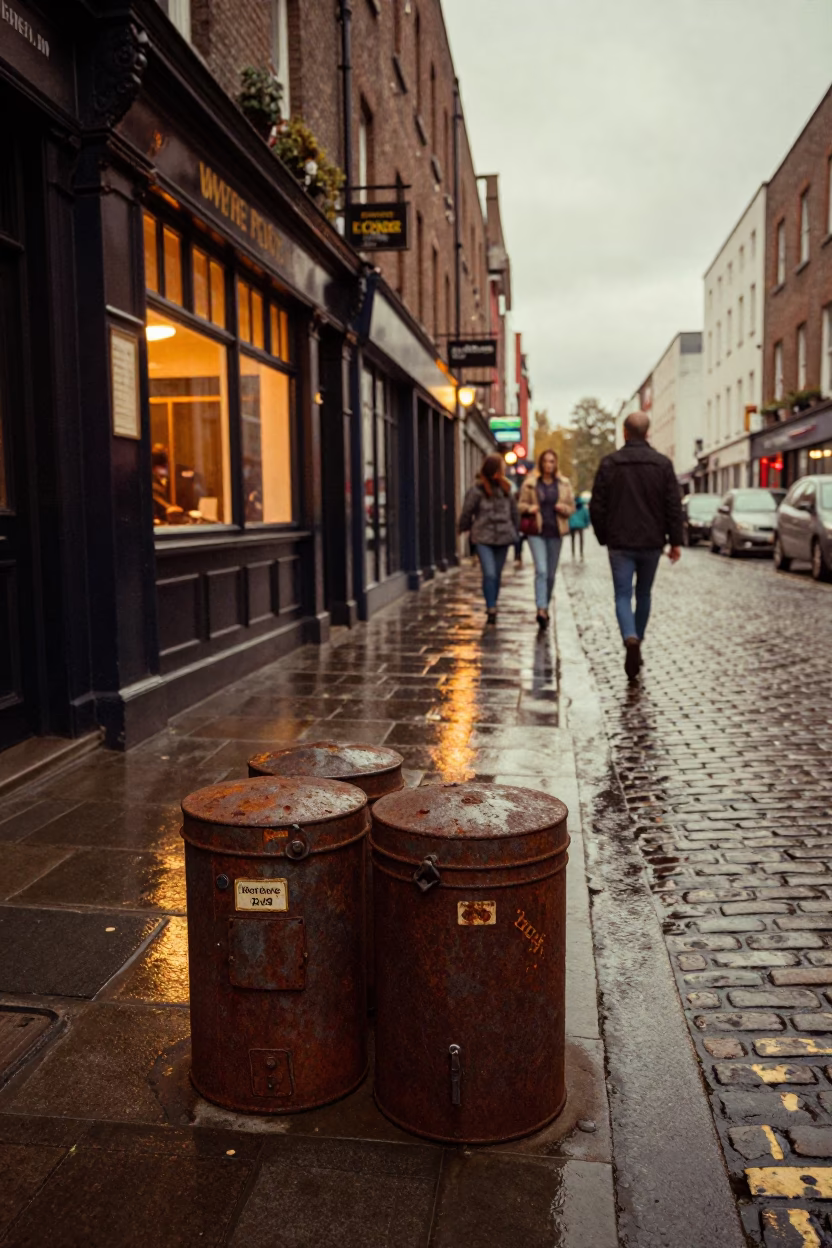 Vintage 1980s Dublin Street Scene with Rusty Storage Tins in Honeyed Evening Light in in Dublin, Ireland