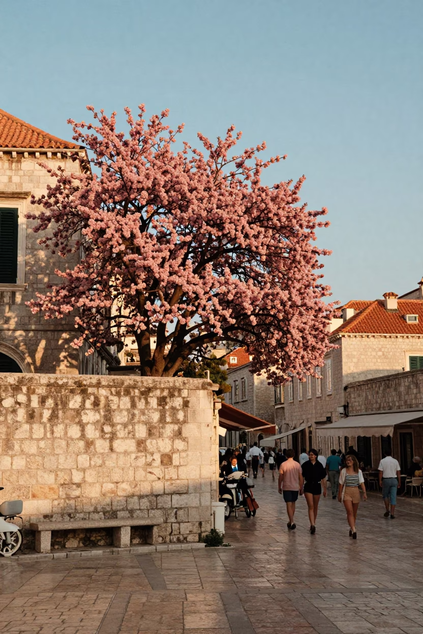Vintage 1980s Dubrovnik Street Scene with Dogwood Tree and Local Market Atmosphere in in Dubrovnik, Croatia