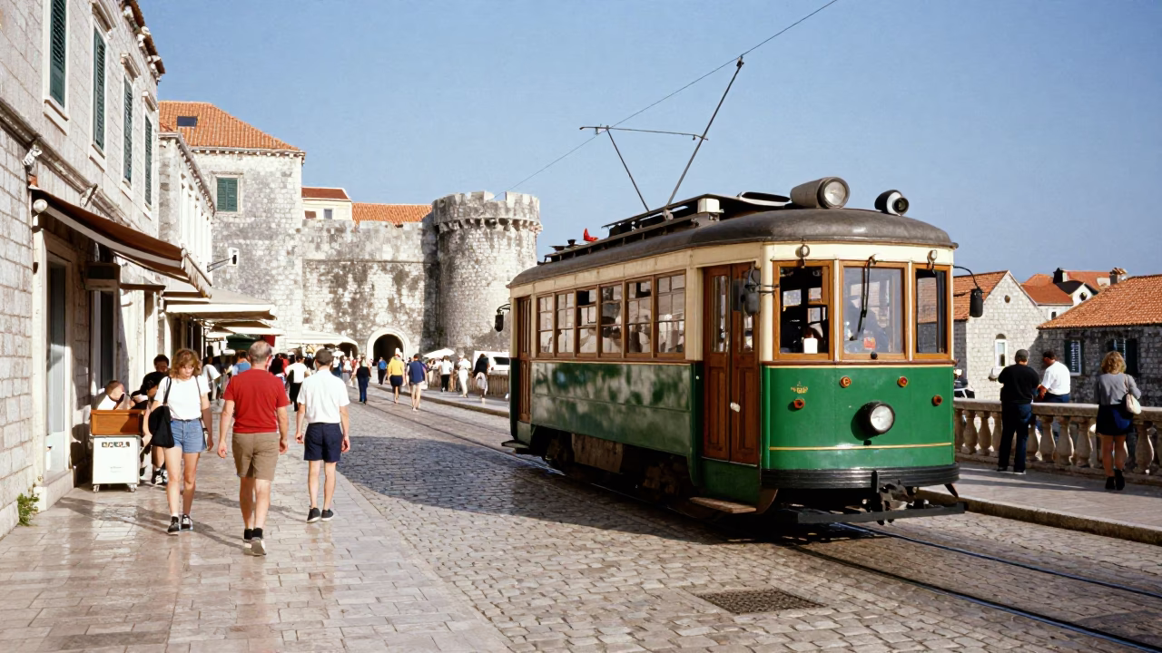 Vintage 1980s Dubrovnik Street Scene with Heritage Tram and Cobblestone Avenue in in Dubrovnik, Croatia