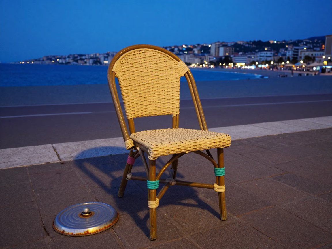 Vintage 1980s Evening in Nice France Rattan Chair and Colorful Details in in Nice, France