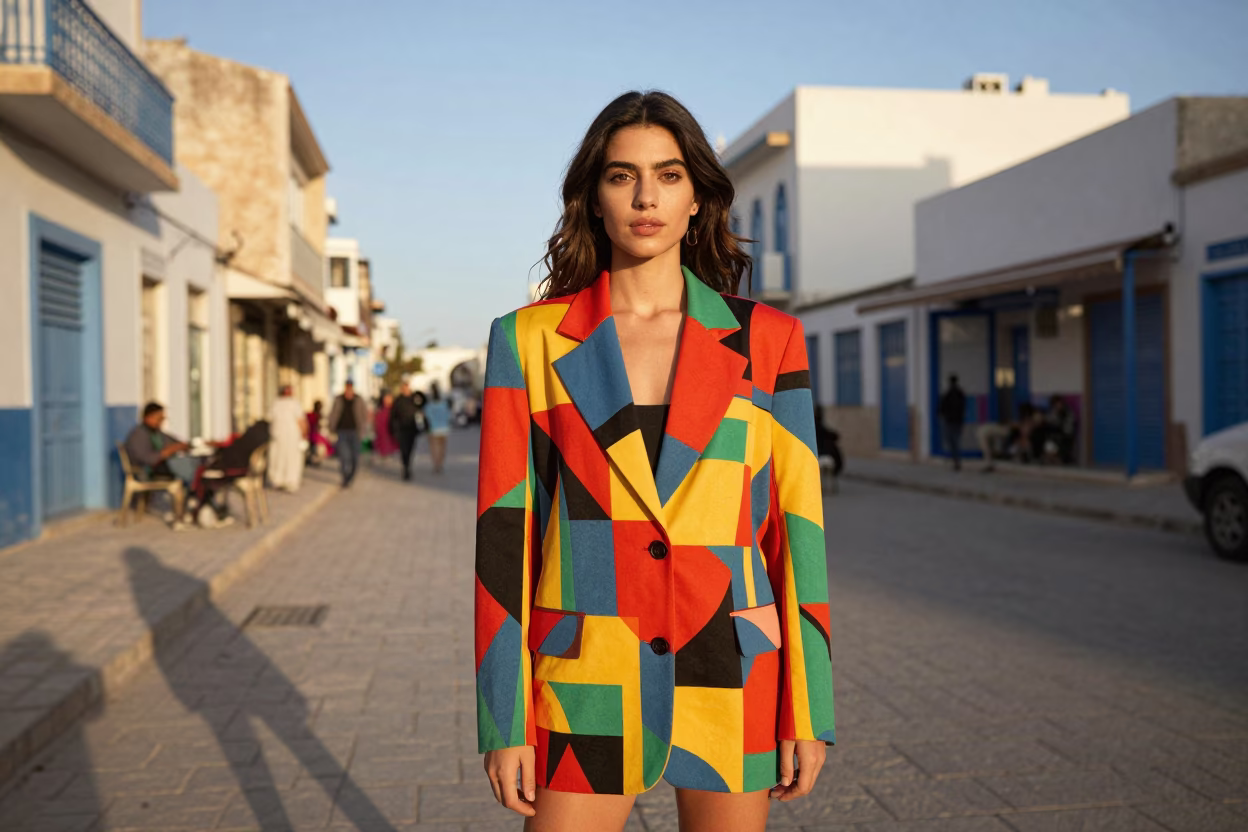 Vintage 1980s Fashion Portrait in Tunis Tunisia Late Afternoon Street Scene in in Tunis, Tunisia