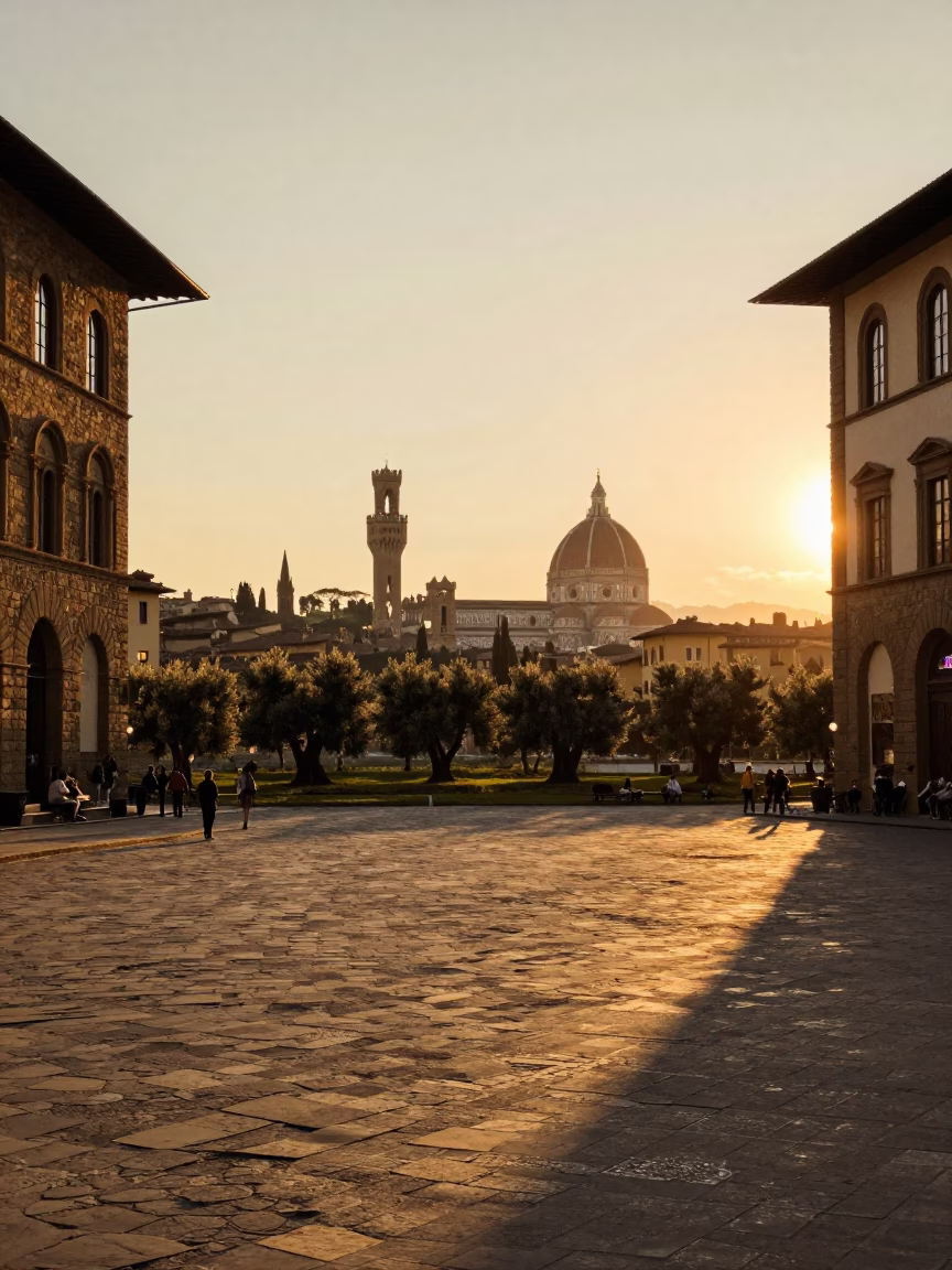 Vintage 1980s Florence Evening Light Cinematic Street Scene with Olive Trees and Local Interaction in in Florence, Italy