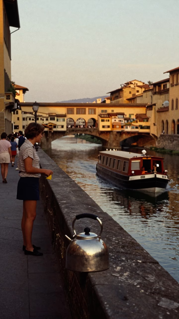 Vintage 1980s Florence Italy Evening Street Scene with Kettle and Narrowboat in in Florence, Italy