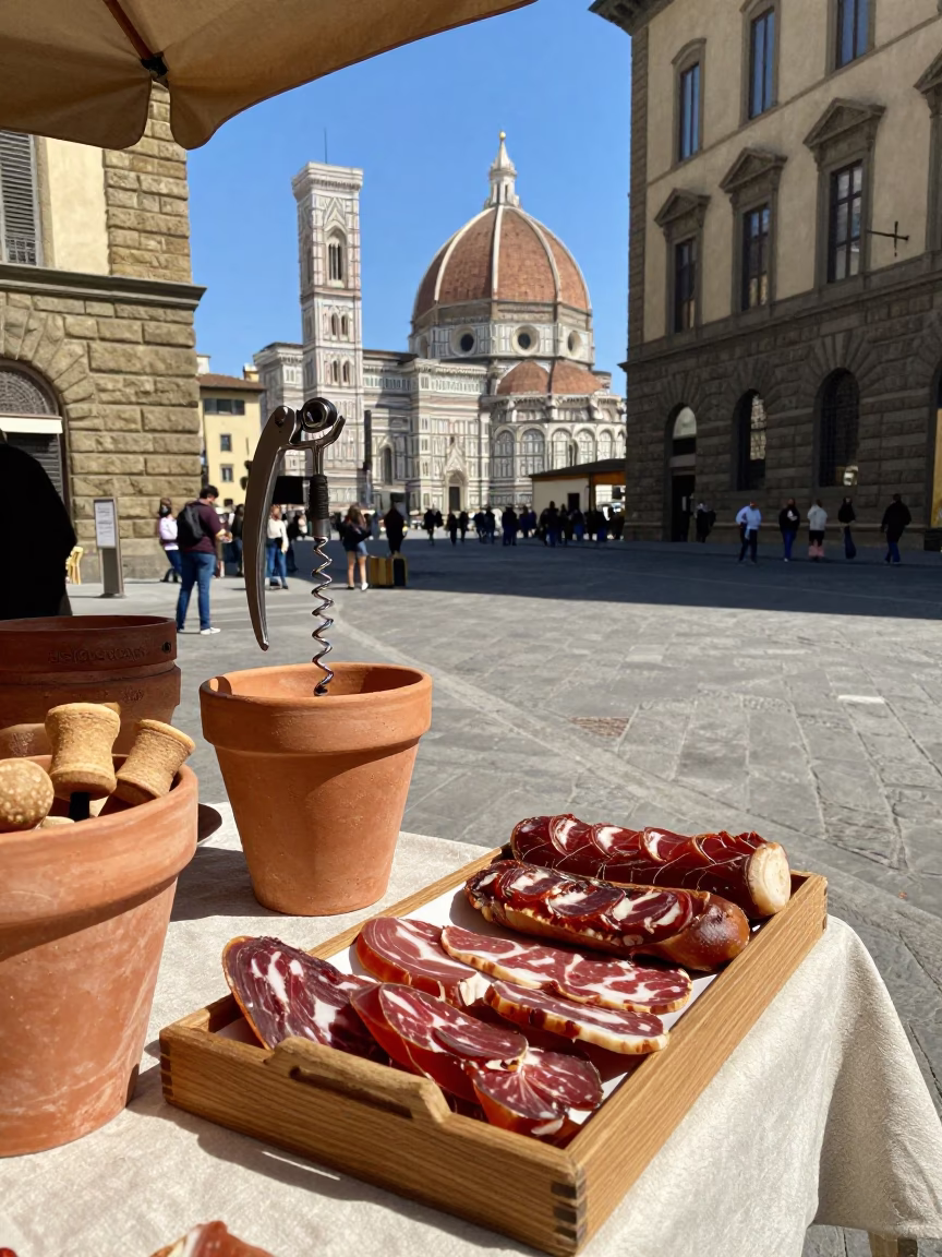 Vintage 1980s Florence street scene with artisan corkscrew and olive dish in in Florence, Italy