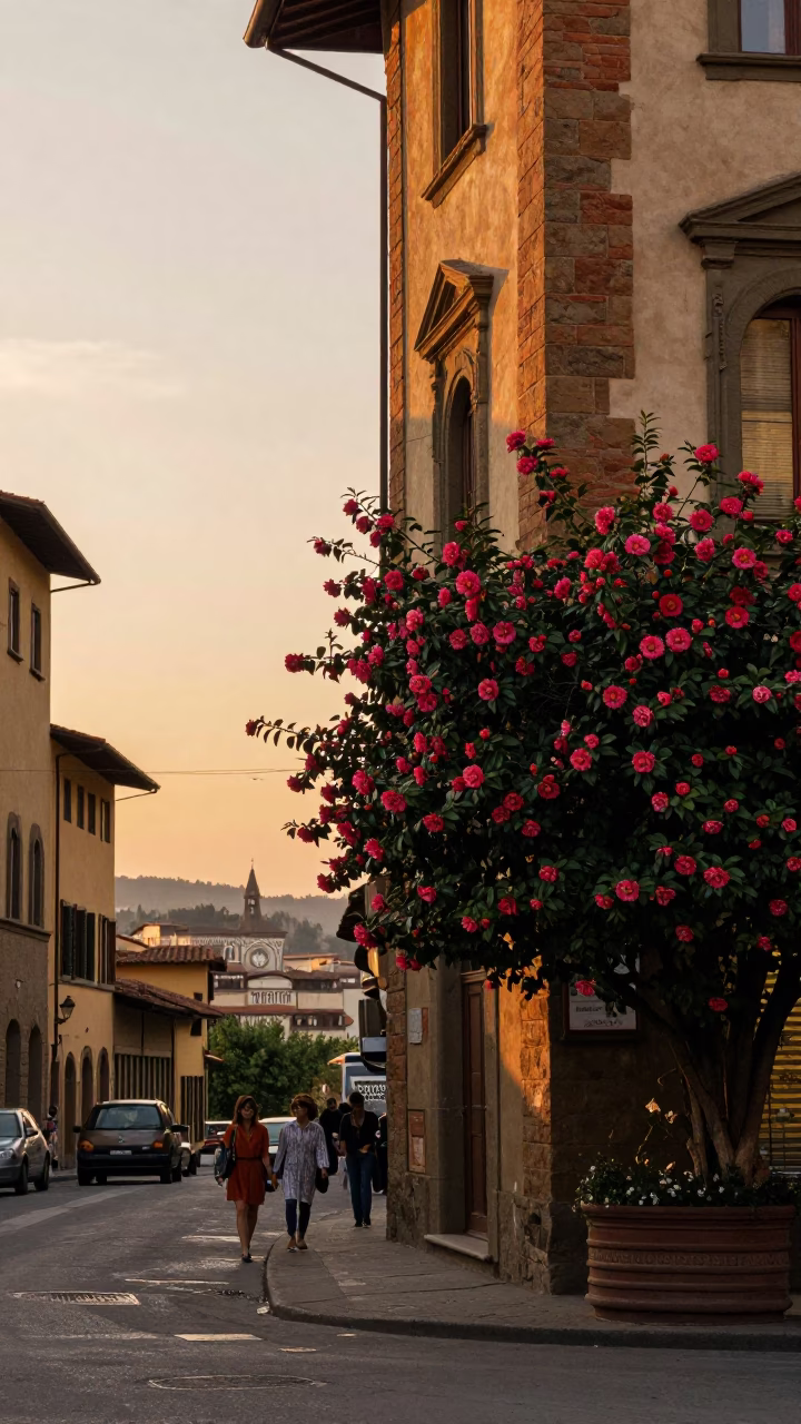Vintage 1980s Florence Street Scene with Camellia Blooms and Ceramic Pottery at Sunset in in Florence, Italy