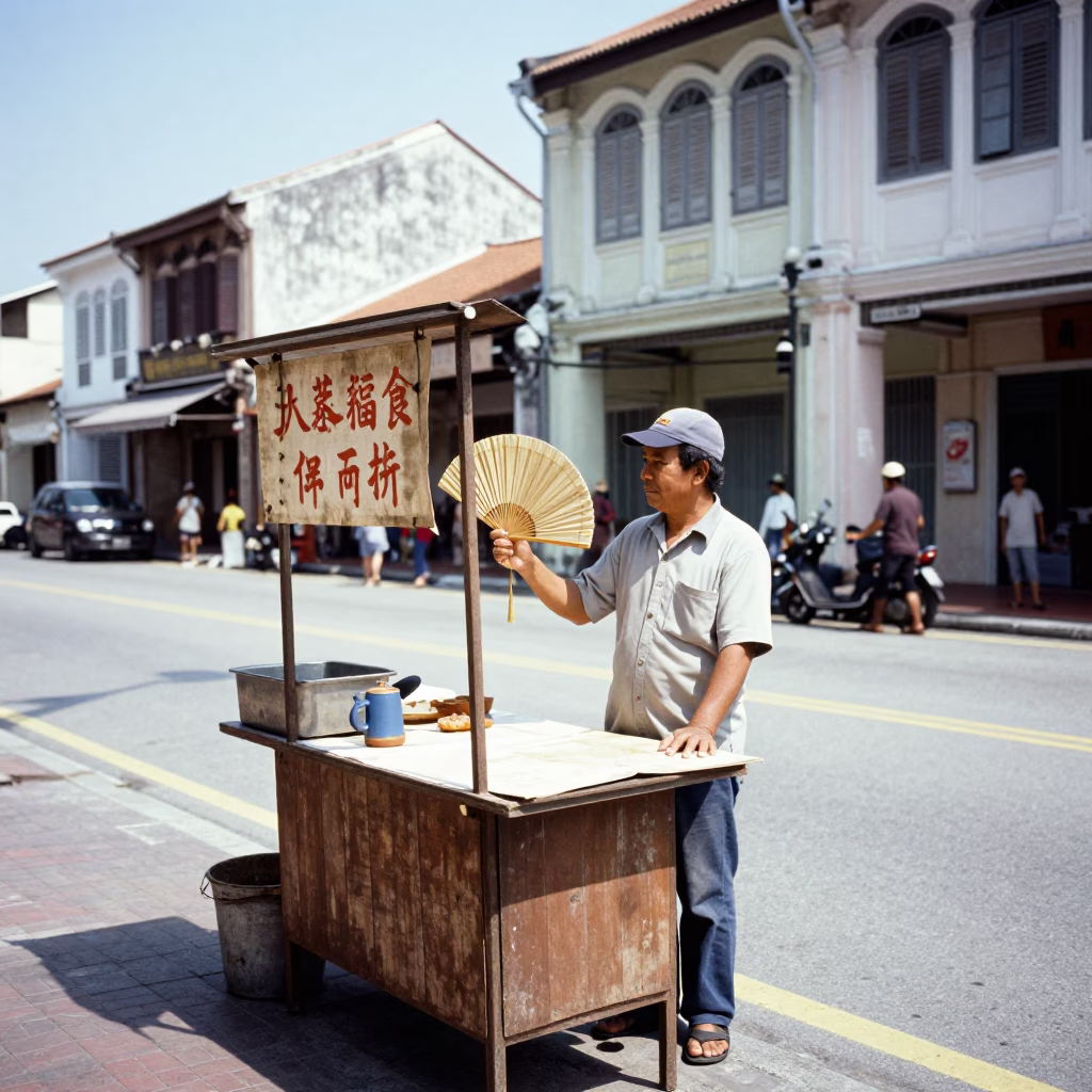 Vintage 1980s George Town Street Scene with Folding Fan and Local Commerce in in George Town, Malaysia
