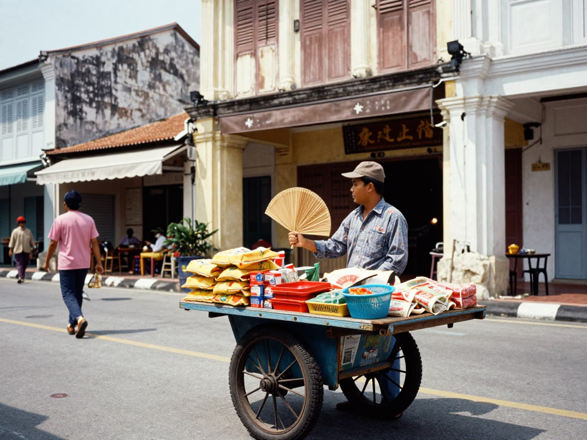 Vintage 1980s George Town Street Scene with Paper Fan and Shaded Alleyway in in George Town, Malaysia