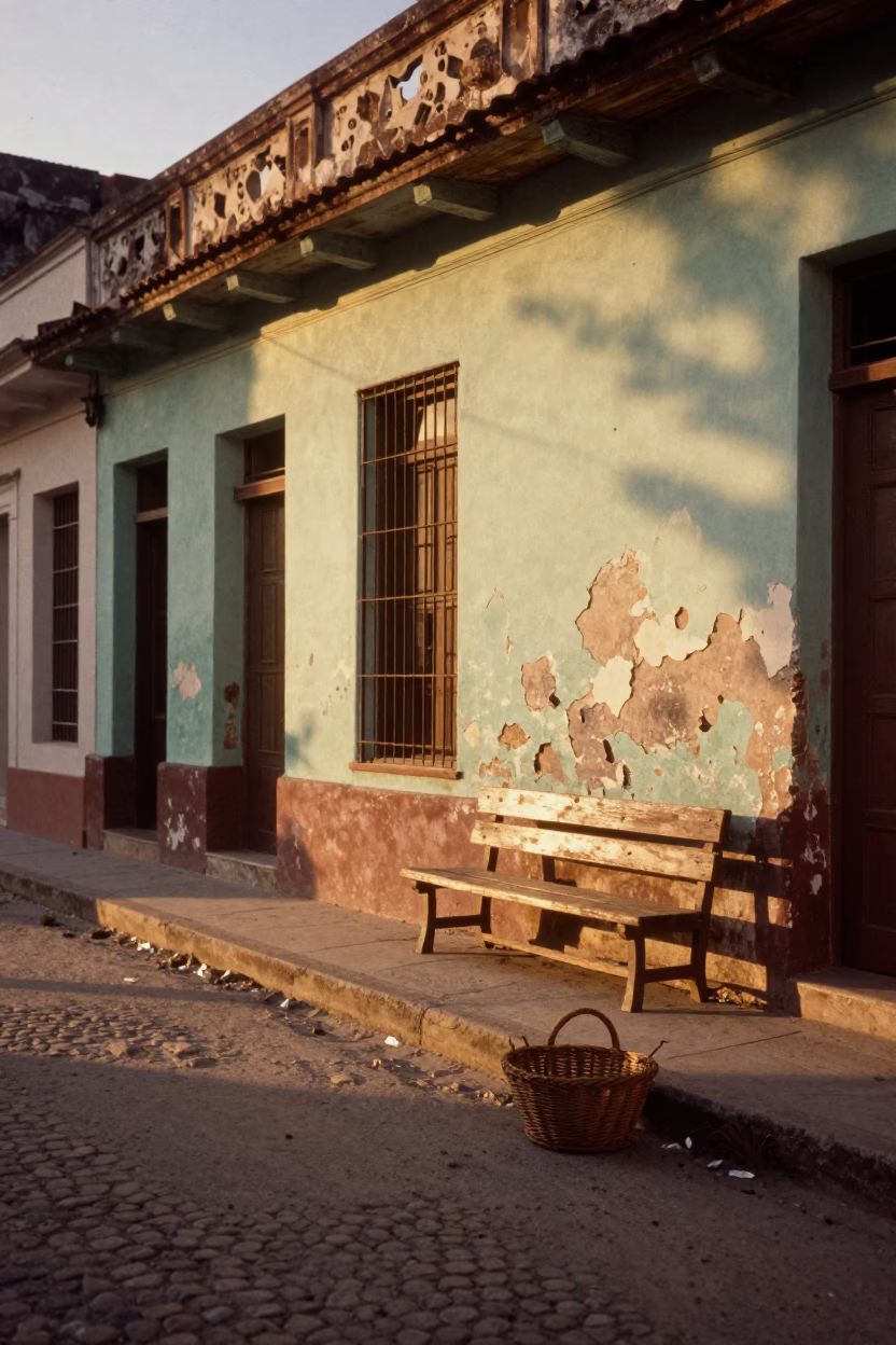 Vintage 1980s Havana Sunset Street Scene with Wicker Basket Shadow and Colonial Architecture in in Havana, Cuba