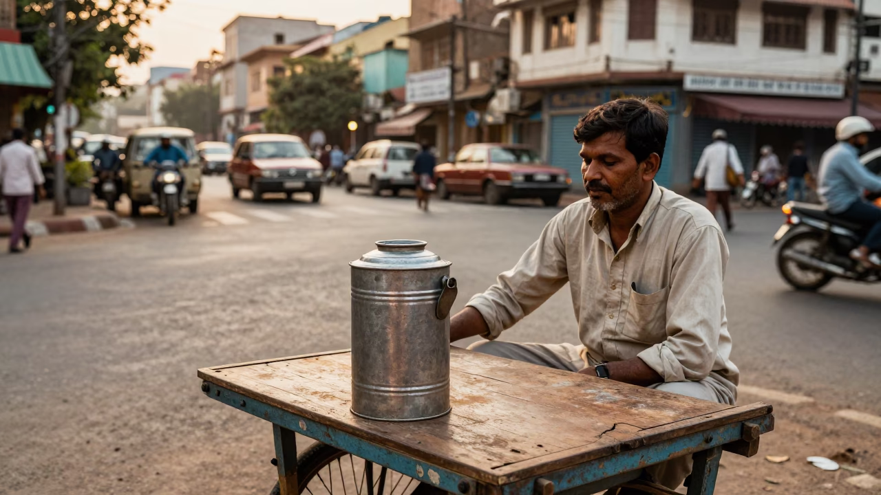 Vintage 1980s Hyderabad street scene with coffee tin and embroidered cushion at sunset in in Hyderabad, India