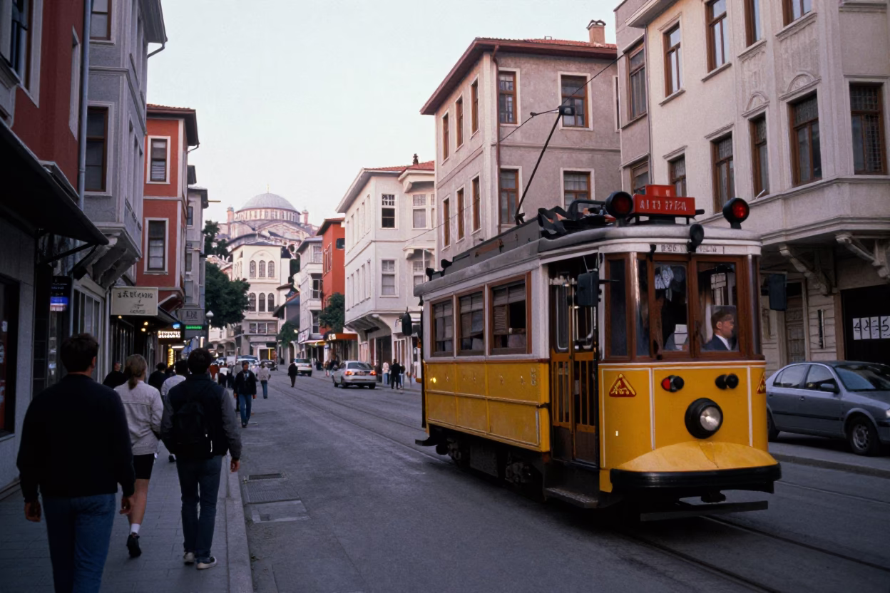 Vintage 1980s Istanbul Dawn Street Scene with Tram and Local Life in in Istanbul, Turkey