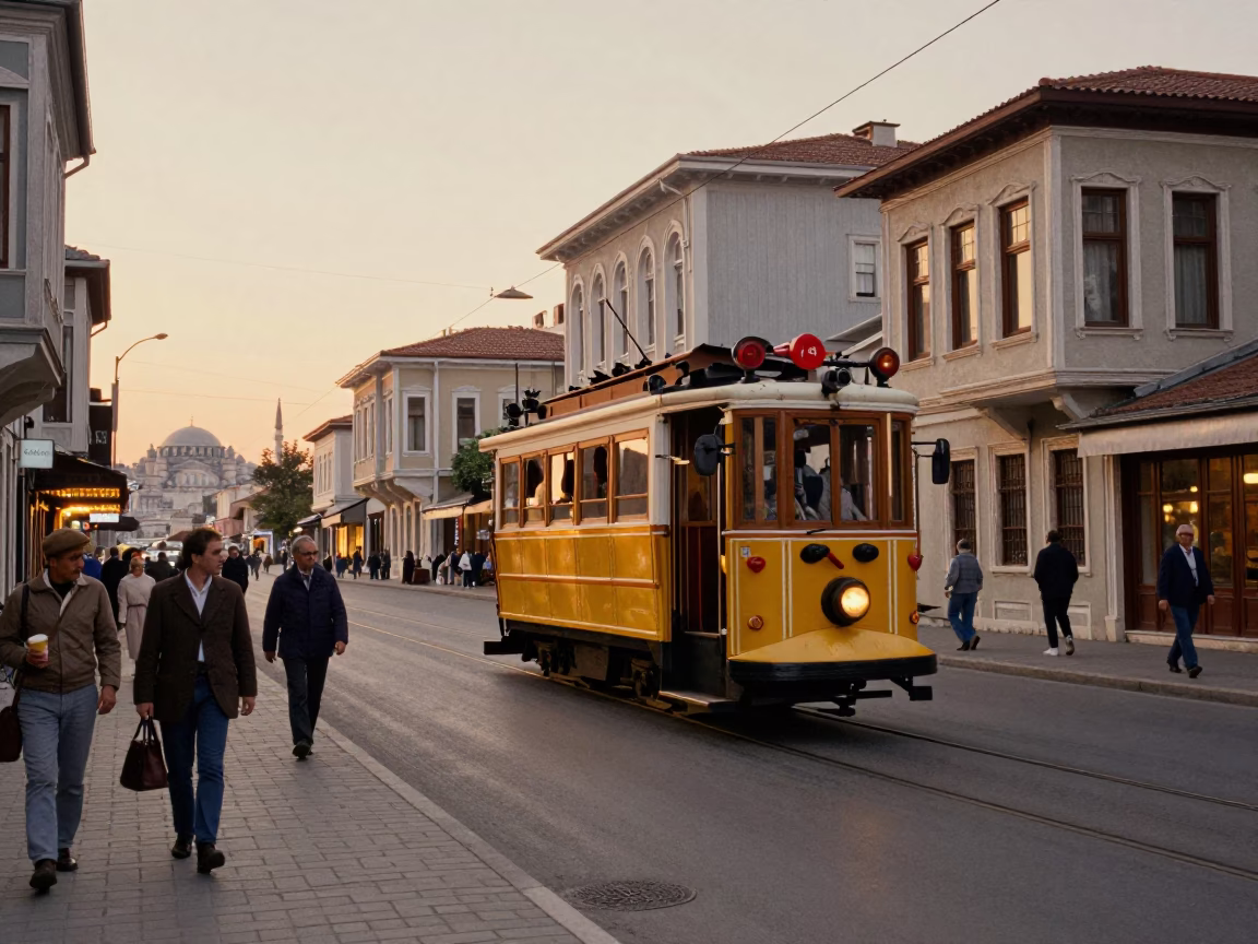 Vintage 1980s Istanbul Evening Scene with Heritage Tram and Cobblestone Street Atmosphere in in Istanbul, Turkey