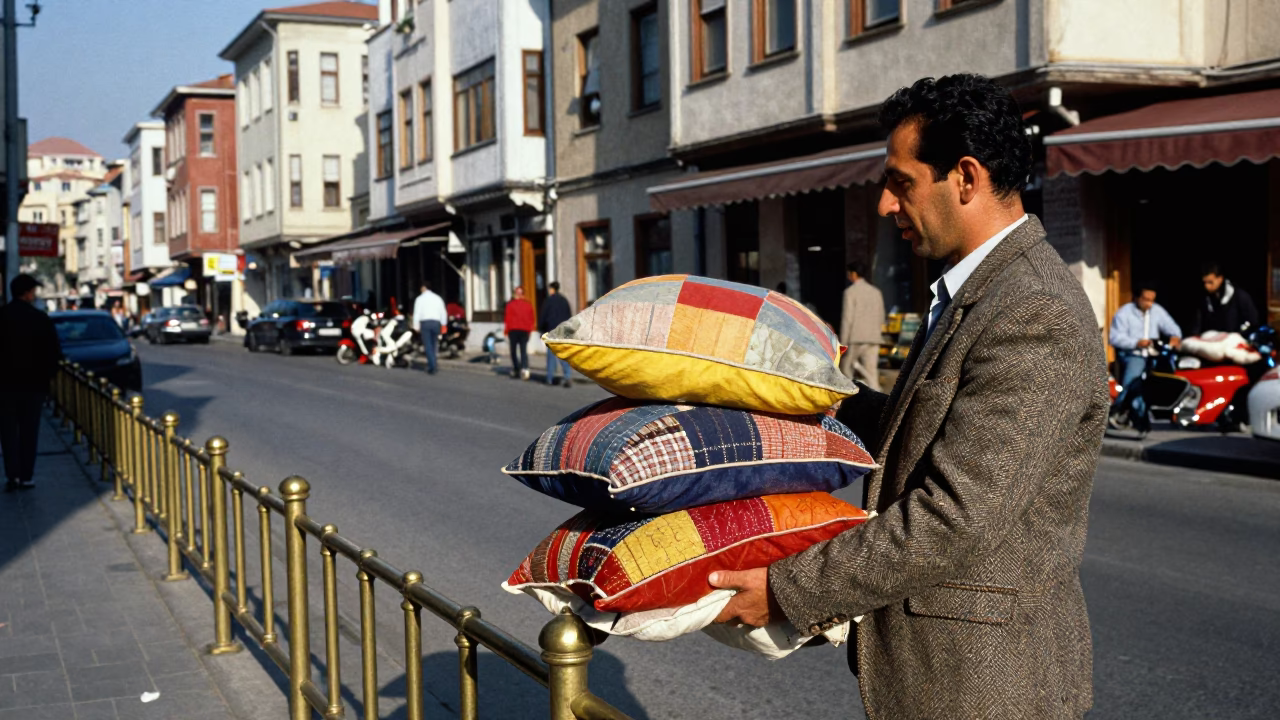 Vintage 1980s Istanbul Street Scene with Polished Brass Rail and Patchwork Textiles in in Istanbul, Turkey