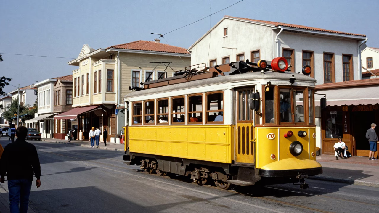 Vintage 1980s Izmir Street Scene with Heritage Tram and Cobblestone Avenue in in Izmir, Turkey