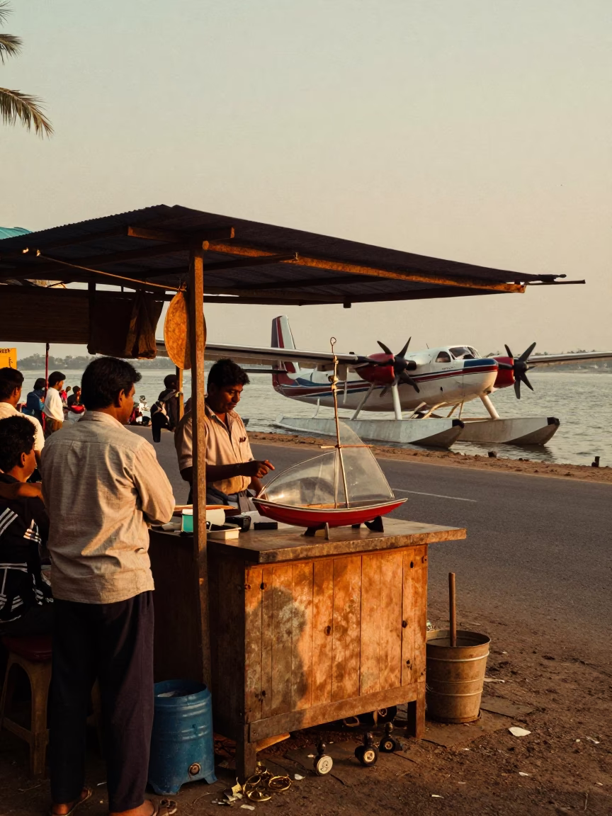 Vintage 1980s Kochi Street Scene with Seaplane and Ship in Bottle in in Kochi, India