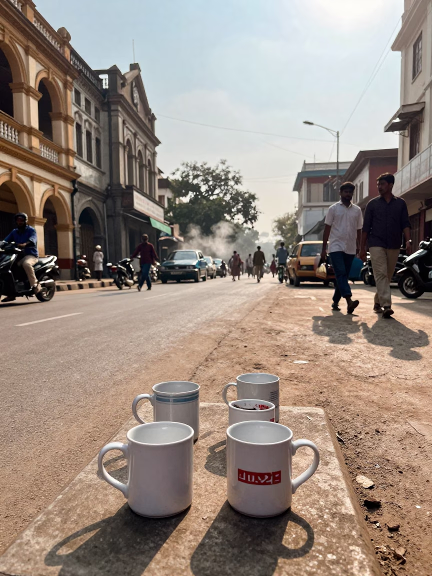 Vintage 1980s Kolkata Street Scene with Ceramic Mugs and Tugboat Fleet in in Kolkata, India