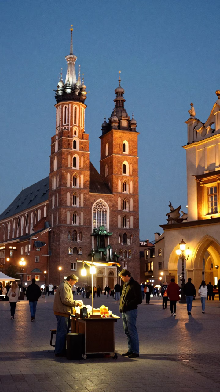 Vintage 1980s Krakow Poland street scene with glowing city lights and lantern in in Krakow, Poland