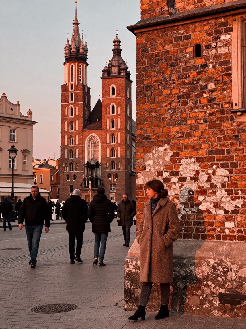 Vintage 1980s Krakow Street Scene with Copper Dusk Light and Local Life in in Krakow, Poland