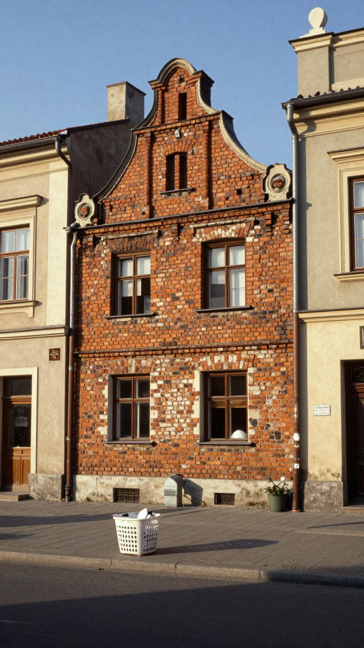 Vintage 1980s Krakow Street Scene with Laundry Basket and Ceramic Plate in in Krakow, Poland
