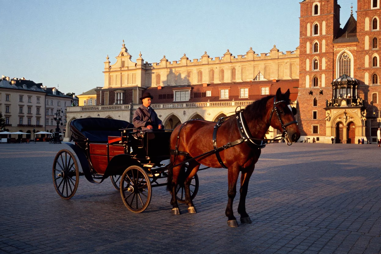 Vintage 1980s Krakow Sunset Horse Drawn Carriage on Cobblestone Main Market Square in in Krakow, Poland