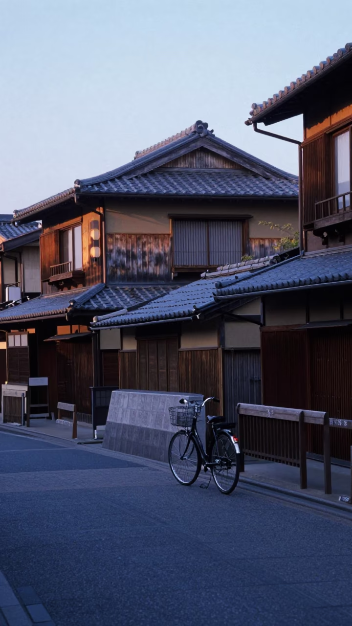 Vintage 1980s Kyoto Dawn Street Scene with Bicycle and Fig Tree in in Kyoto, Japan