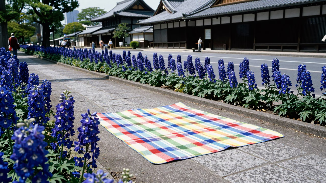 Vintage 1980s Kyoto Street Scene with Delphinium Border and Picnic Blanket in in Kyoto, Japan