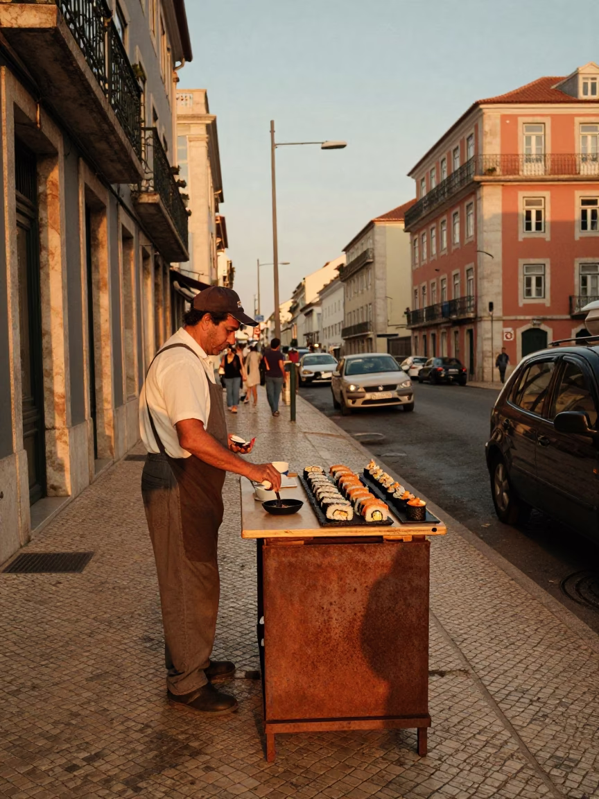 Vintage 1980s Lisbon Evening Street Scene with Rusty Saucer and Wooden Board in in Lisbon, Portugal