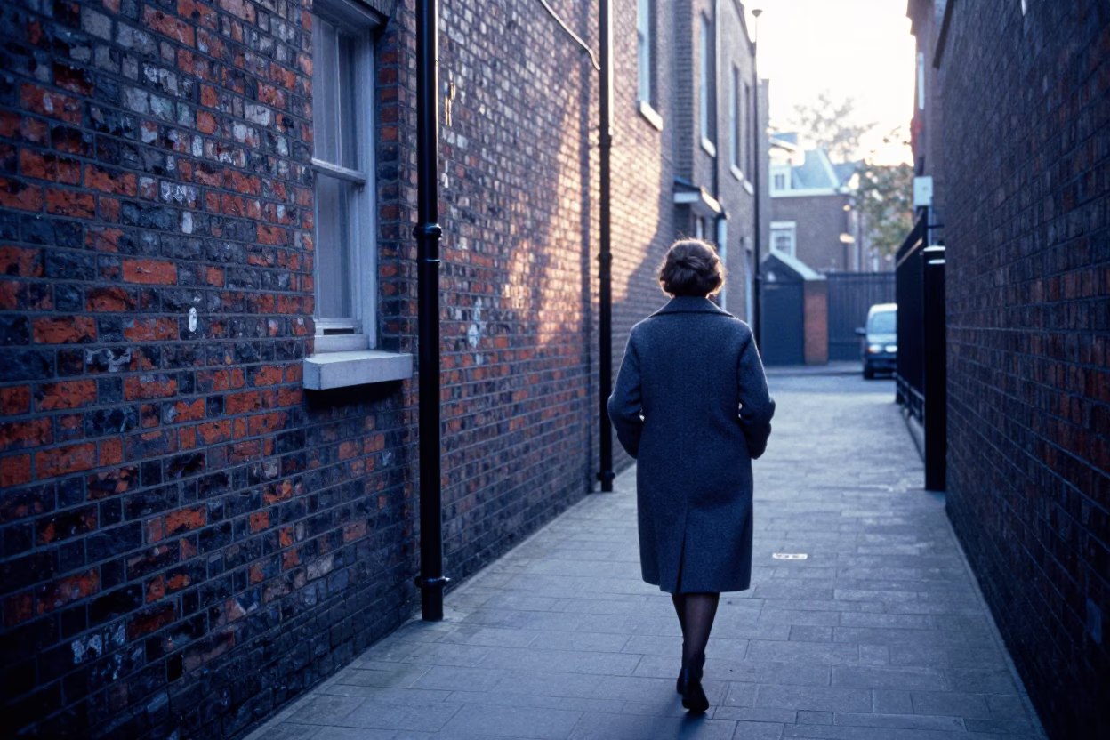 Vintage 1980s London Morning Light on Brick Alleyway with Hanging Laundry and Cobblestones in in London, United Kingdom