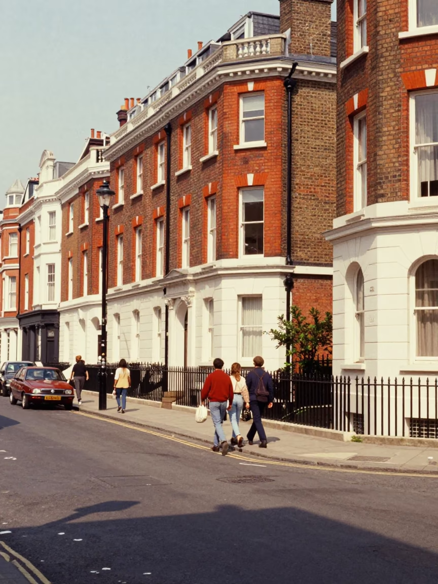 Vintage 1980s London Street Scene with Brick Architecture and Pedestrians in Midmorning Light in in London, United Kingdom