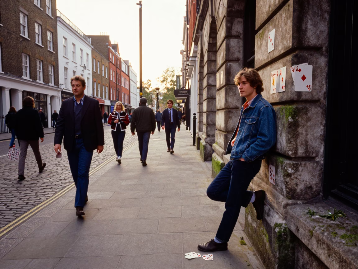Vintage 1980s London Street Scene with Deck of Cards and Mossy Brick Wall in in London, United Kingdom