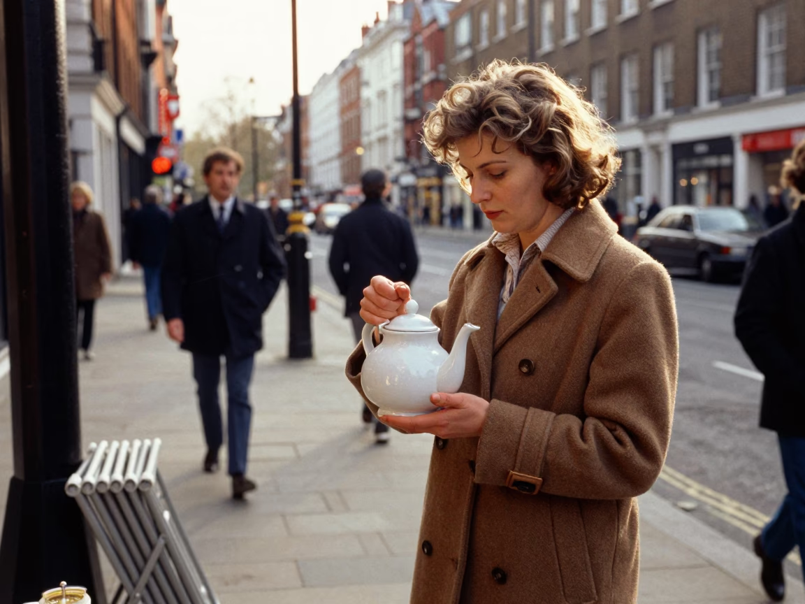 Vintage 1980s London Street Scene with Teapot and Folding Fan in in London, United Kingdom