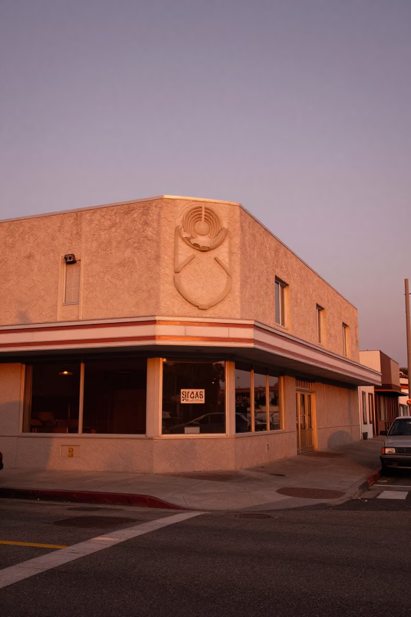 Vintage 1980s Los Angeles Street Scene in Copper Dusk Light with Faded Building Facades in in Los Angeles, California, United States