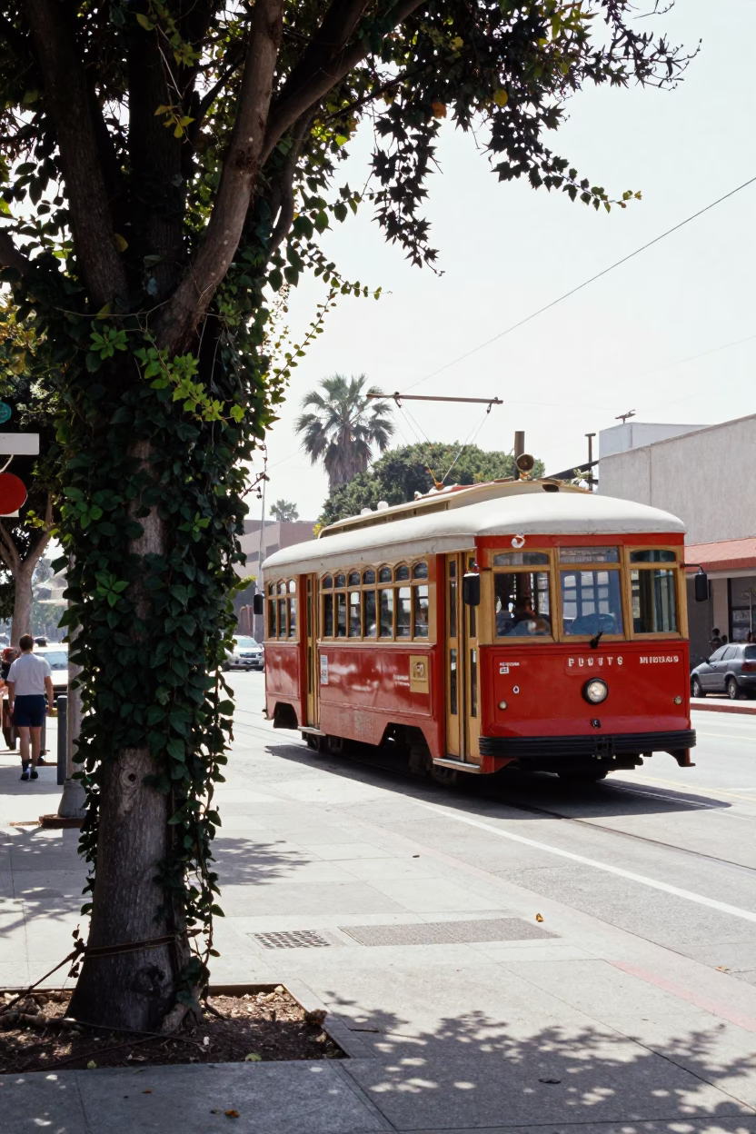 Vintage 1980s Los Angeles Street Scene with Ivy Vines and Old Trolley in in Los Angeles, California, United States