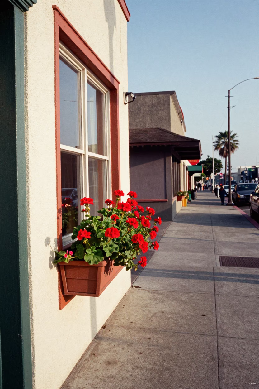 Vintage 1980s Los Angeles Street Scene with Window Box and Cameo Pin Details in in Los Angeles, California, United States