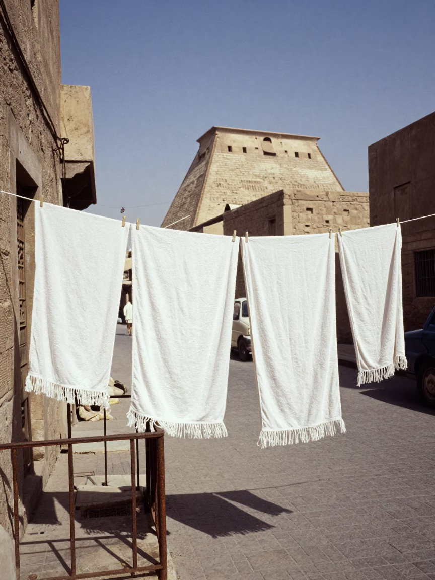 Vintage 1980s Luxor Street Scene with Drying Towels and Lemon Vendor in in Luxor, Egypt