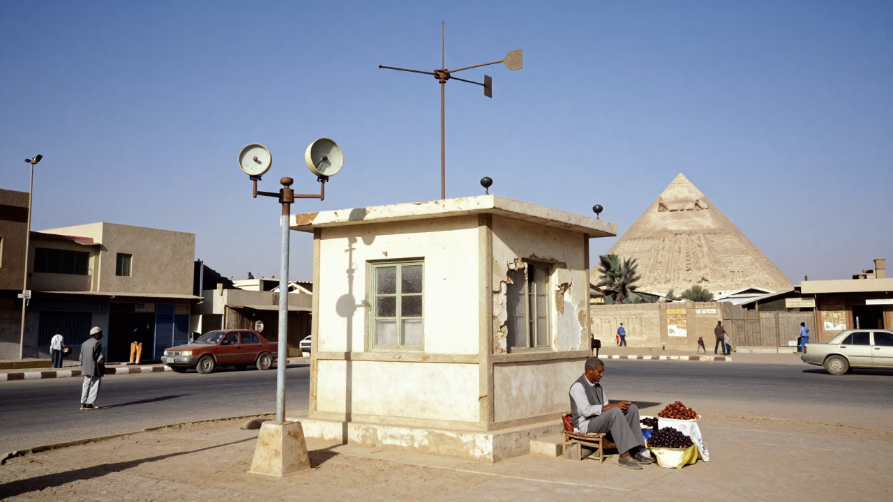 Vintage 1980s Luxor Street Scene with Weather Station and Local Life in in Luxor, Egypt