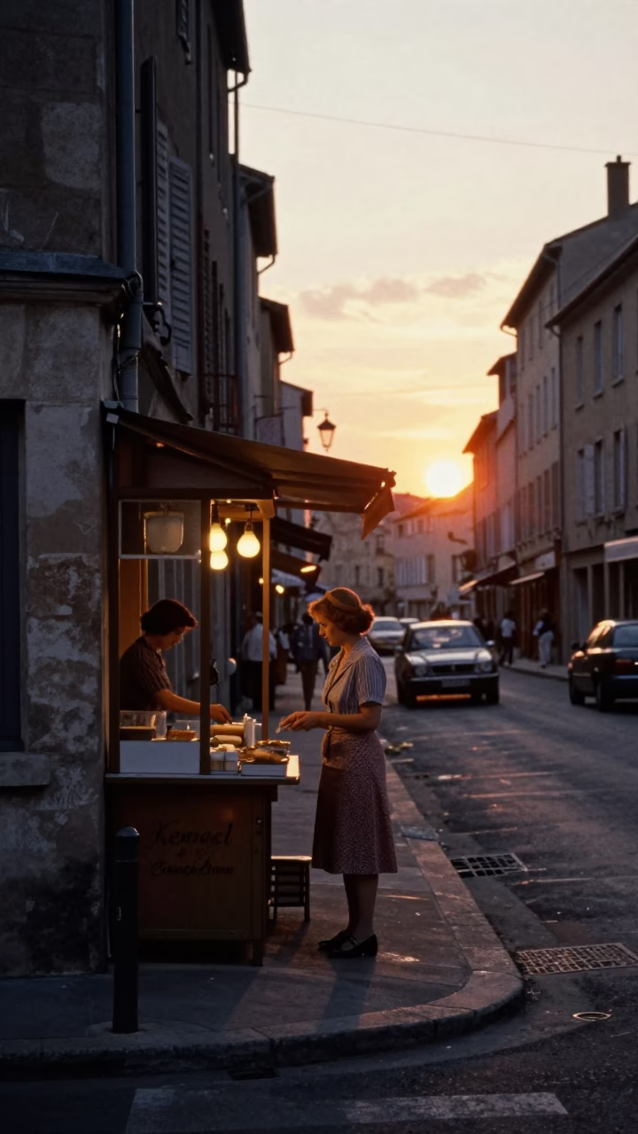 Vintage 1980s Lyon France Street Scene at Sunset with Local Bakery Items in in Lyon, France
