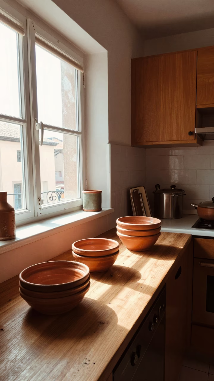 Vintage 1980s Madrid Kitchen Scene With Terracotta Bowls And Whisks in in Madrid, Spain