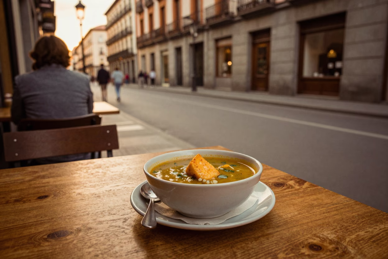 Vintage 1980s Madrid Street Scene Honeyed Evening Light Traditional Cafe Table in in Madrid, Spain