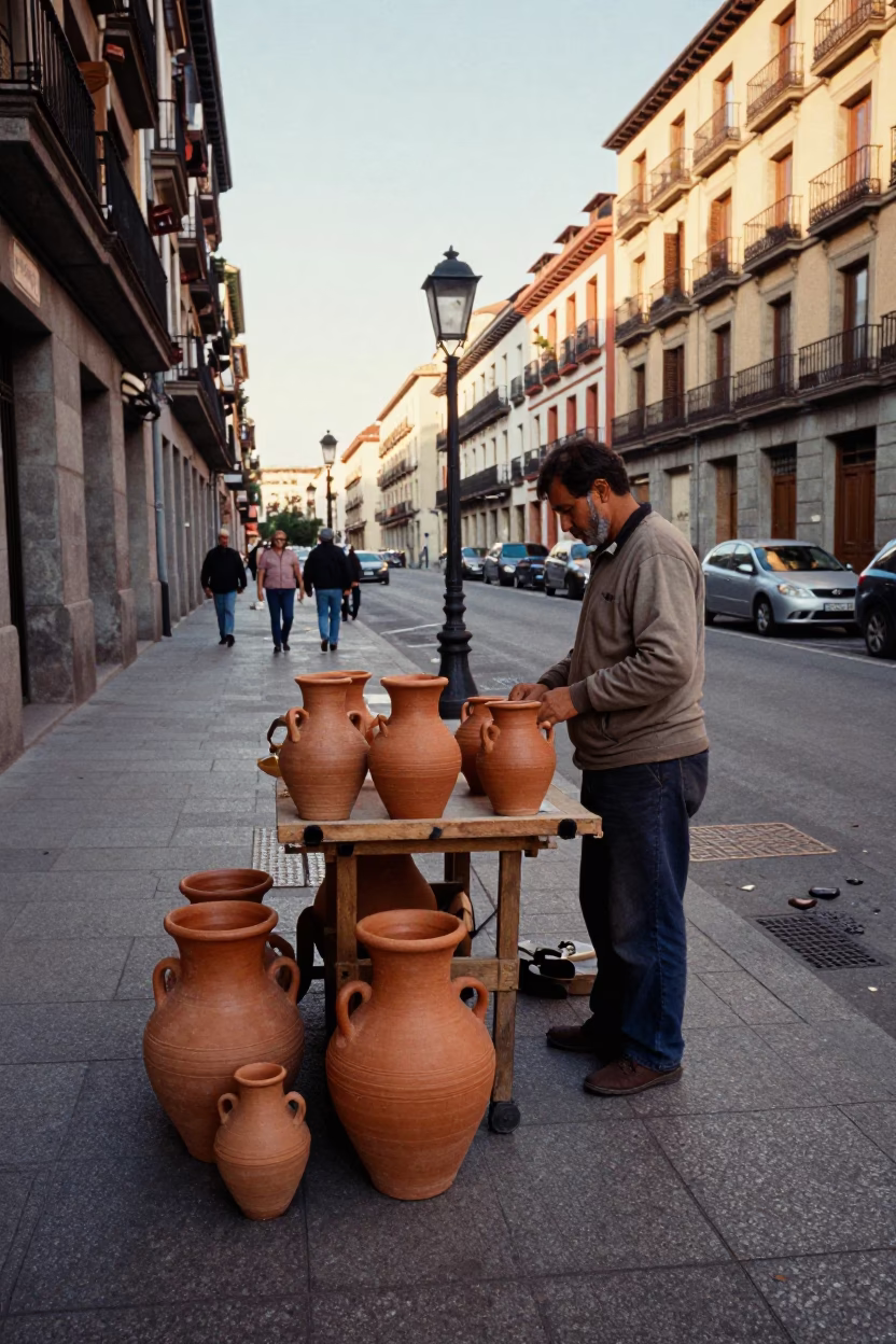 Vintage 1980s Madrid Street Scene with Clay Pots and Local Interaction in in Madrid, Spain