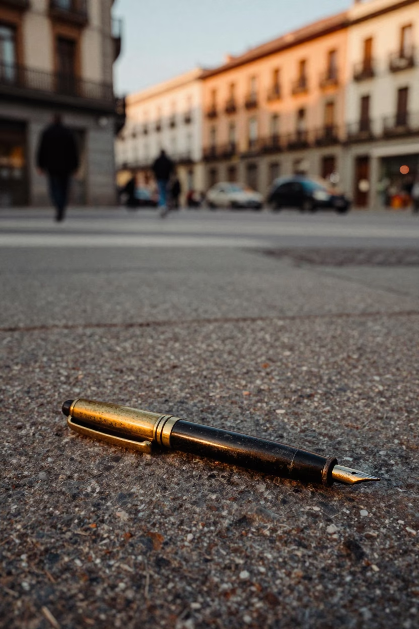 Vintage 1980s Madrid Street Scene with Fountain Pen on Table in Honeyed Evening Light in in Madrid, Spain