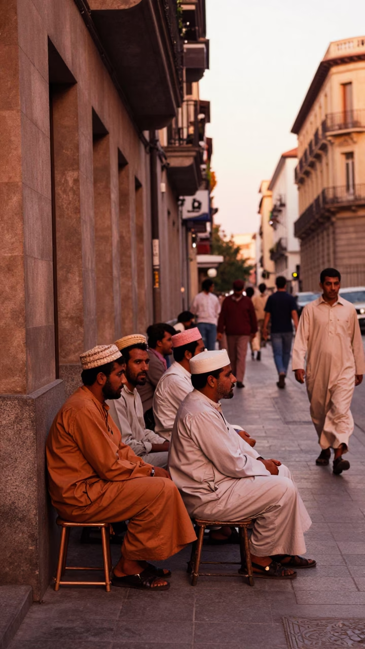 Vintage 1980s Madrid Street Scene with Moroccans in Copper Toned Light in in Madrid, Spain