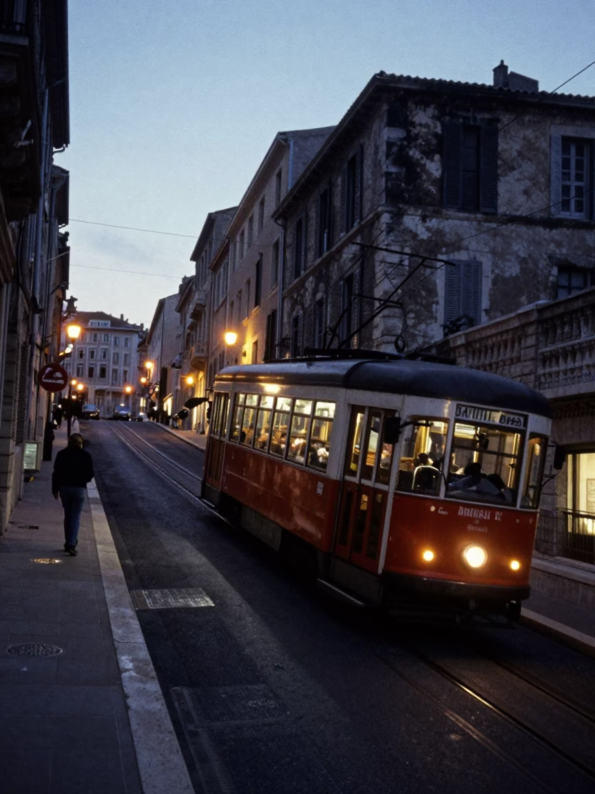 Vintage 1980s Marseille Tram Climbing Steep Hill at Dusk with City Lights Glowing in in Marseille, France